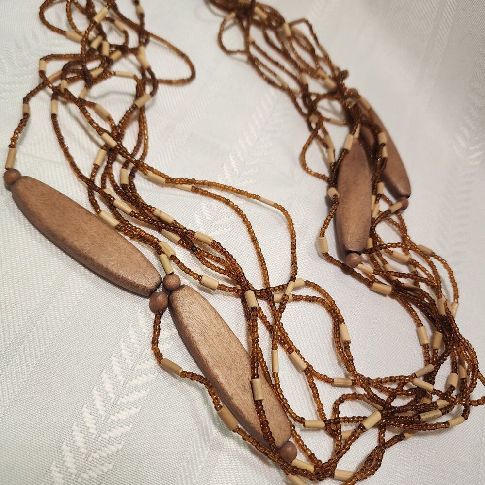 Handmade Necklace Multi Strand Wood Glass Bead Brown Bronze Tone 32" Boho Tribal